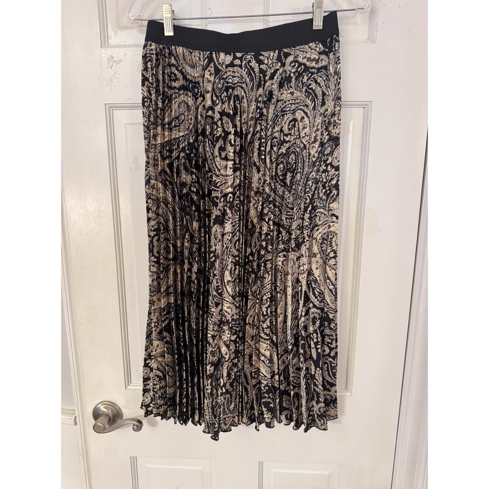 WD.NY Women's Plissi Skirt Sz S Paisley Black Tan Maxi Crinkle Elastic Waist Vtg